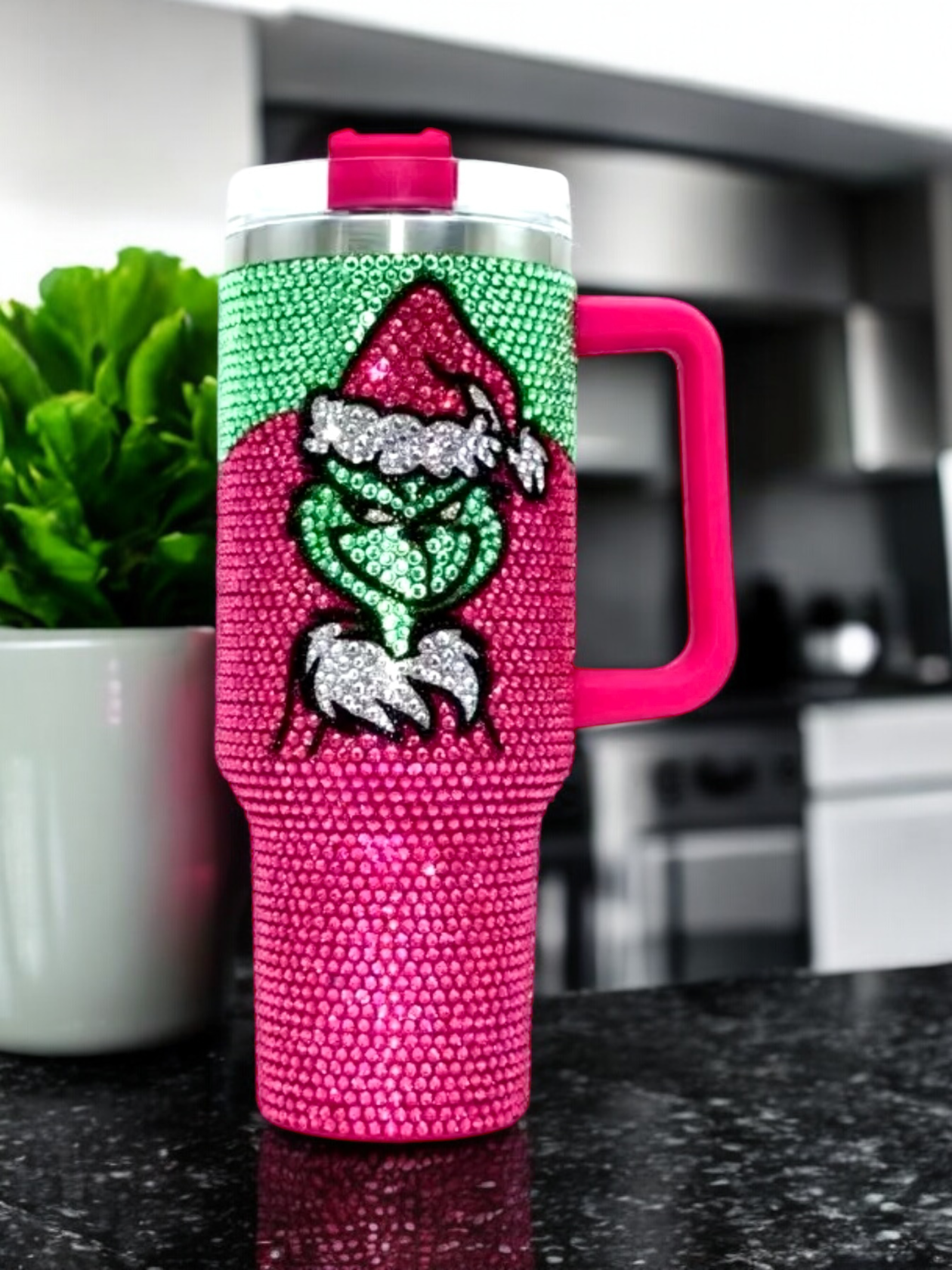 Feelin’ Grinchy Christmas Rhinestone Pink Green 40oz Stainless Tumbler W/Lid & Straw