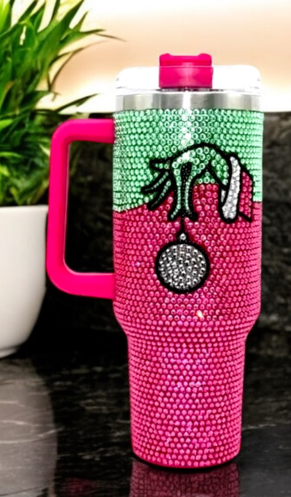 Feelin’ Grinchy Christmas Rhinestone Pink Green 40oz Stainless Tumbler W/Lid & Straw