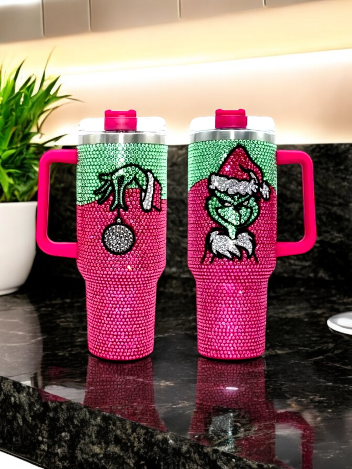 Feelin’ Grinchy Christmas Rhinestone Pink Green 40oz Stainless Tumbler W/Lid & Straw